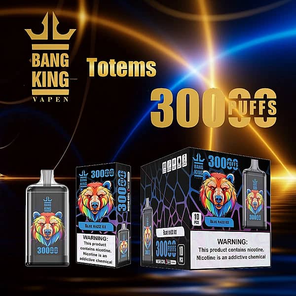 Bang King Crystal 30000 Puffs Blue Razz Ice disposable vape with retail box, mesh coil, Type-C rechargeable, 650mAh battery