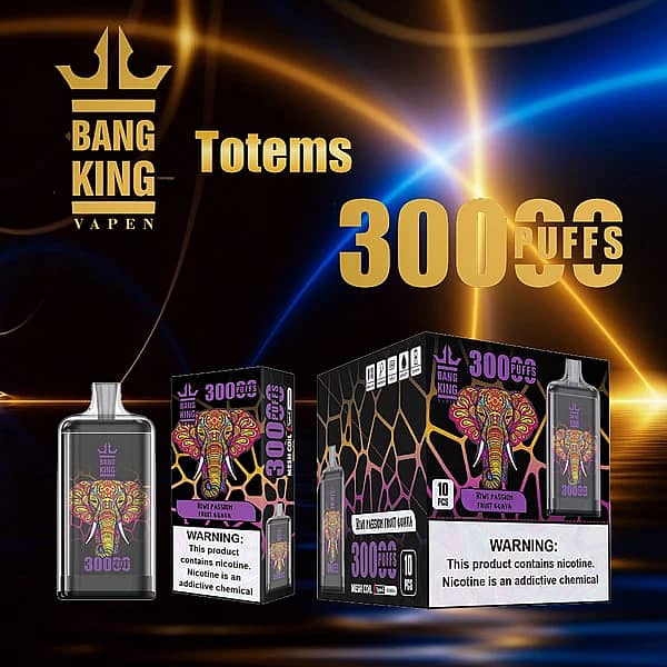 Bang King Crystal 30000 Puffs Kiwi Passion Fruit Guava disposable vape with retail box, mesh coil, Type-C rechargeable, 650mAh battery