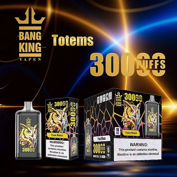 Bang King Crystal 30000 Puffs Peach Mango disposable vape with retail box, mesh coil, Type-C rechargeable, 650mAh battery
