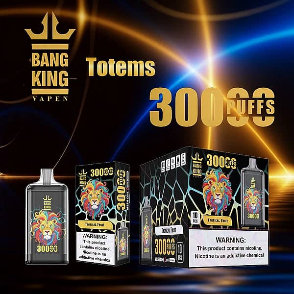 Bang King Crystal 30000 Puffs Tropical Fruit disposable vape with box packaging, mesh coil, Type-C rechargeable, 650mAh battery