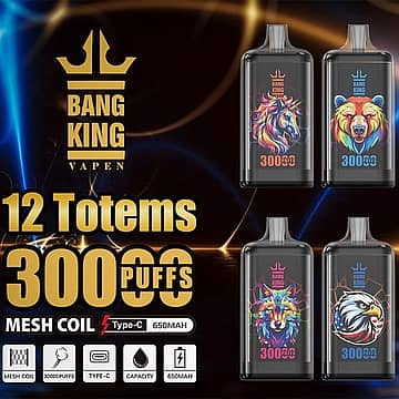 Bang King Crystal 30000 Puffs disposable vape lineup, 12 Totems, mesh coil, Type-C rechargeable, 650mAh battery