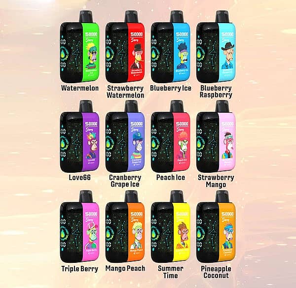 Bang Blaze 50000 Puffs Starry 50K flavor chart showing 12 options: Watermelon, Strawberry Watermelon, Blueberry Ice, Blueberry Raspberry, Love66, Cranberry Grape Ice, Peach Ice, Strawberry Mango, Triple Berry, Mango Peach, Summer Time, and Pineapple Coconut