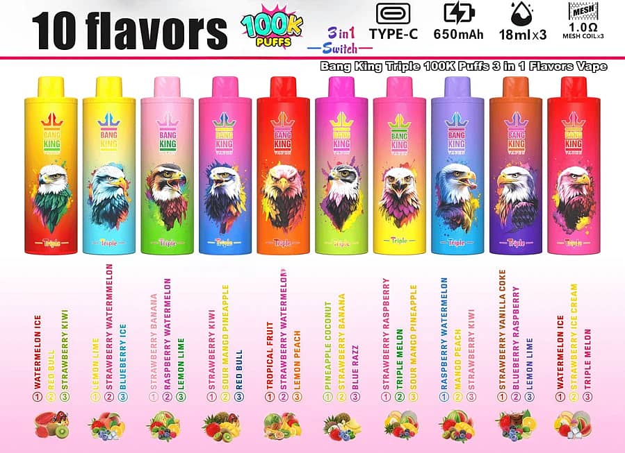 Bang King Triple 100K 10 flavors lineup, 3-in-1 switch disposable vape with Type-C, 650mAh, 18ml &times;3, mesh coil