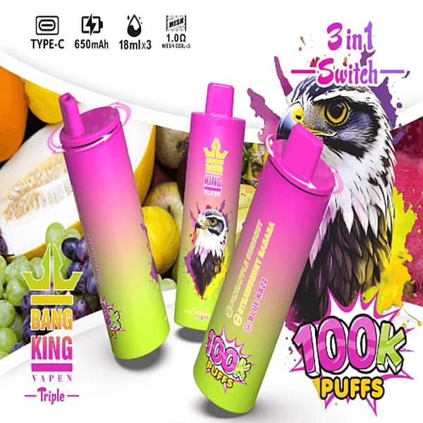 Bang King Triple 100K 3-in-1 switch disposable vape, Pineapple Coconut, Strawberry Banana, Blue Razz, 100K puffs, Type-C rechargeable