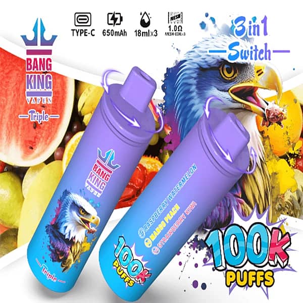 Bang King Triple 100K 3-in-1 switch disposable vape, Raspberry Watermelon, Mango Peach, Strawberry Kiwi, 100K puffs, Type-C rechargeable