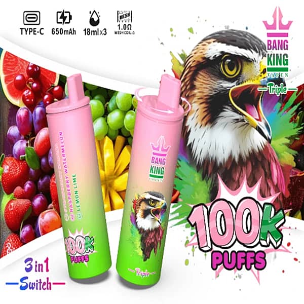 Bang King Triple 100K 3-in-1 switch disposable vape, Strawberry Banana, Raspberry Watermelon, Lemon Lime, 100K puffs, Type-C rechargeable
