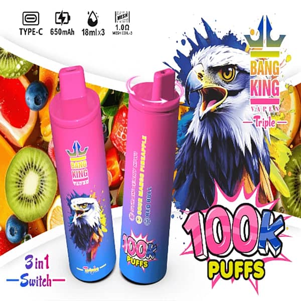 Bang King Triple 100K 3-in-1 switch disposable vape, Strawberry Kiwi, Sour Mango Pineapple, Red Bull, 100K puffs, Type-C rechargeable
