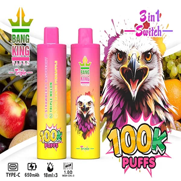 Bang King Triple 100K 3-in-1 switch disposable vape, Strawberry Raspberry, Triple Melon, Sour Mango Pineapple, 100K puffs, Type-C rechargeable
