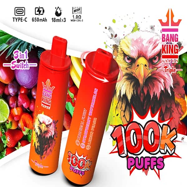Bang King Triple 100K 3-in-1 switch disposable vape, Tropical Fruit, Strawberry Watermelon, Lemon Peach, 100K puffs, Type-C rechargeable