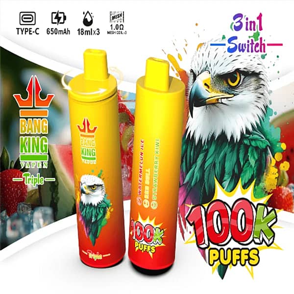 Bang King Triple 100K 3-in-1 switch disposable vape, Watermelon Ice, Red Bull, Strawberry Kiwi, 100K puffs, Type-C rechargeable