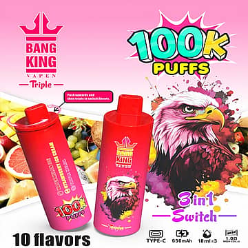 Bang King Triple 100K disposable vape with 100K puffs, 3-in-1 switch, Type-C charging, 650mAh battery, 10 flavors