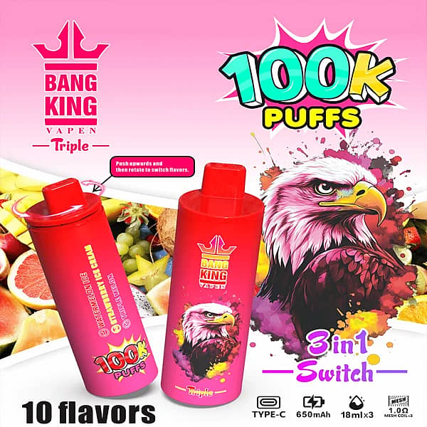 Bang King Triple 100K disposable vape with 100K puffs, 3-in-1 switch, Type-C charging, 650mAh battery, 10 flavors