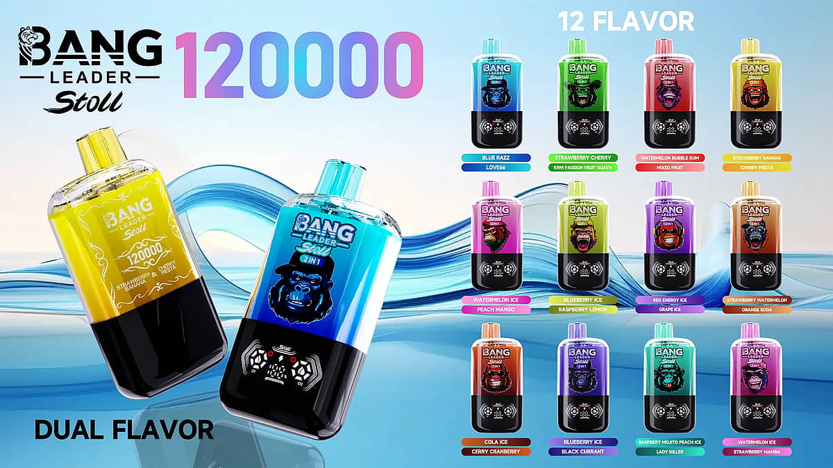 Bang Leader Stoll 120K dual flavor disposable vape lineup showing 12 flavor combinations and 120000 puffs