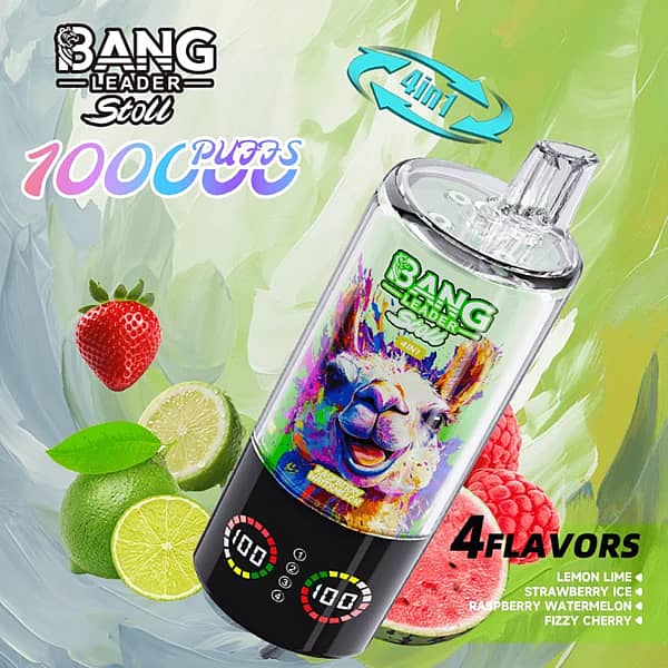 Bang Leader Stoll 100K disposable vape 4-in-1 flavors &ndash; Lemon Lime, Strawberry Ice, Raspberry Watermelon, and Fizzy Cherry