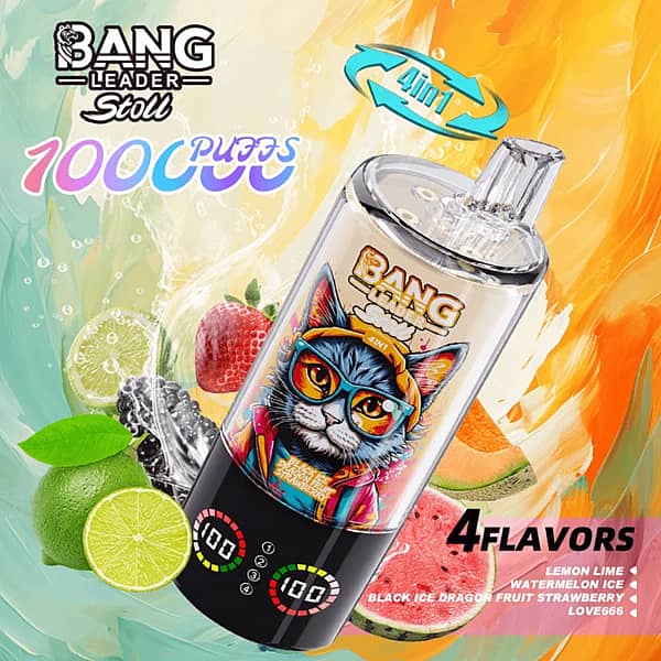 Bang Leader Stoll 100K disposable vape 4-in-1 flavors &ndash; Lemon Lime, Watermelon Ice, Black Dragon Ice, and Dragon Fruit Strawberry (LOVE666)
