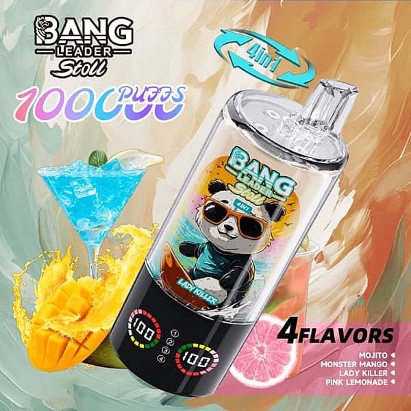 Bang Leader Stoll 100K disposable vape 4-in-1 flavors &ndash; Mojito, Monster Mango, Lady Killer, and Pink Lemonade