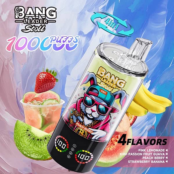 Bang Leader Stoll 100K disposable vape 4-in-1 flavors &ndash; Pink Lemonade, Kiwi Passion Fruit Guava, Peach Berry, and Strawberry Banana