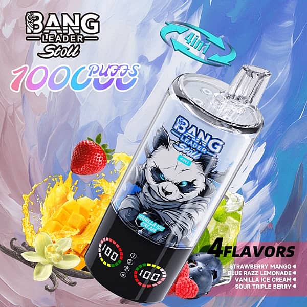 Bang Leader Stoll 100K disposable vape 4-in-1 flavors &ndash; Strawberry Mango, Blue Razz Lemonade, Vanilla Ice Cream, and Sour Triple Berry