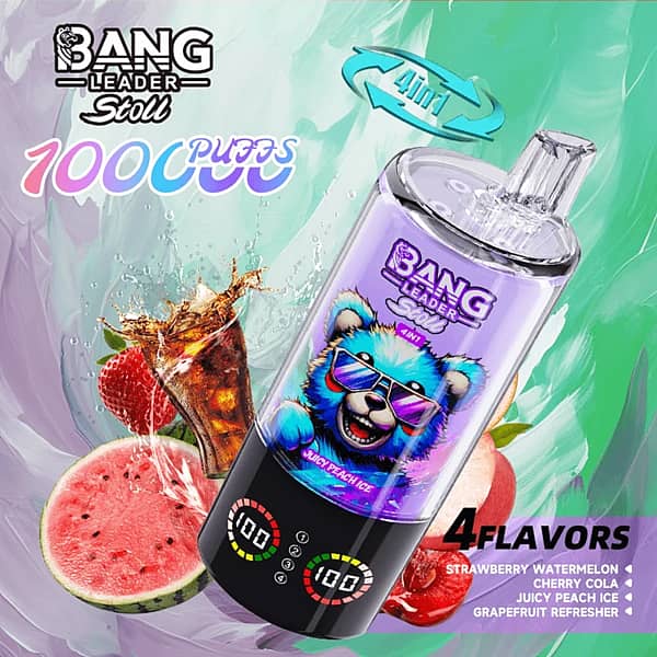 Bang Leader Stoll 100K disposable vape 4-in-1 flavors &ndash; Strawberry Watermelon, Cherry Cola, Juicy Peach Ice, and Grapefruit Refresher