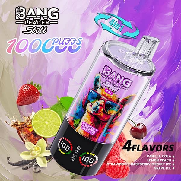 Bang Leader Stoll 100K disposable vape 4-in-1 flavors &ndash; Vanilla Cola, Lemon Peach, Strawberry Raspberry Cherry Ice, and Grape Ice