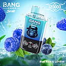 Bang Leader Stoll 120K 2-in-1 disposable vape in Blue Razz & Love 66 flavor, 120000 puffs, blue device with berry splash background