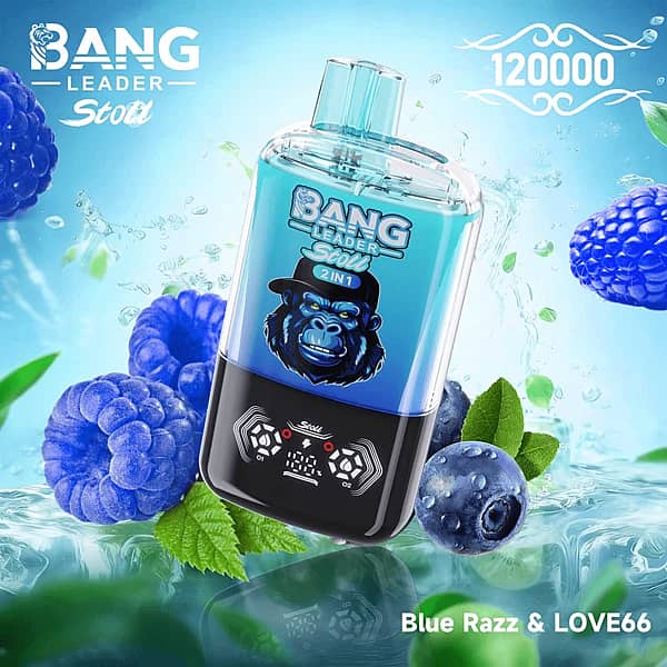 Bang Leader Stoll 120K 2-in-1 disposable vape in Blue Razz & Love 66 flavor, 120000 puffs, blue device with berry splash background