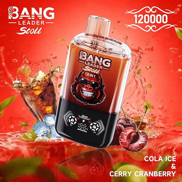 Bang Leader Stoll 120K 2-in-1 disposable vape in Cola Ice & Cherry Cranberry flavor, 120000 puffs, red device with cola splash, cherries, cranberries, and ice background