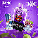 Bang Leader Stoll 120K 2-in-1 disposable vape in Red Energy & Grape Ice flavor, 120000 puffs, purple device with energy drink can, grapes, and ice cubes on a splash background