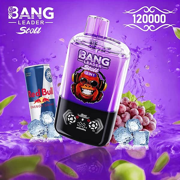 Bang Leader Stoll 120K 2-in-1 disposable vape in Red Energy & Grape Ice flavor, 120000 puffs, purple device with energy drink can, grapes, and ice cubes on a splash background