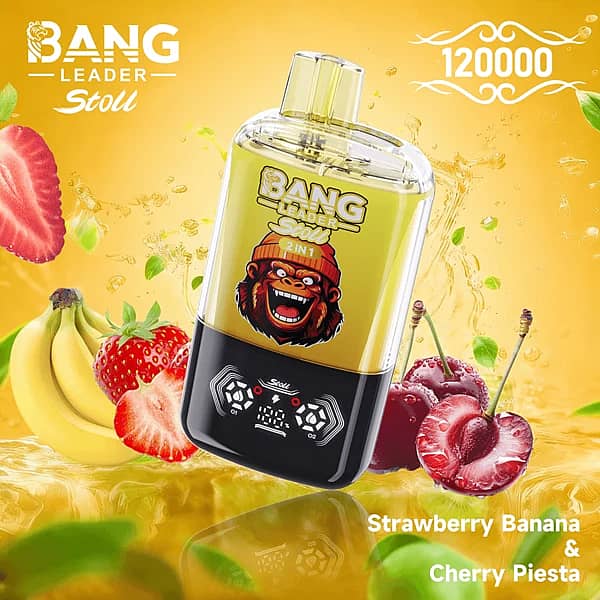 Bang Leader Stoll 120K 2-in-1 disposable vape in Strawberry Banana & Cherry Piesta flavor, 120000 puffs, yellow device with strawberries, bananas, and cherries on a golden splash background