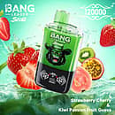 Bang Leader Stoll 120K 2-in-1 disposable vape in Strawberry Cherry & Kiwi Passion Fruit Guava flavor, 120000 puffs, green device with strawberries, kiwi, passion fruit, and guava on a fresh aqua splash background