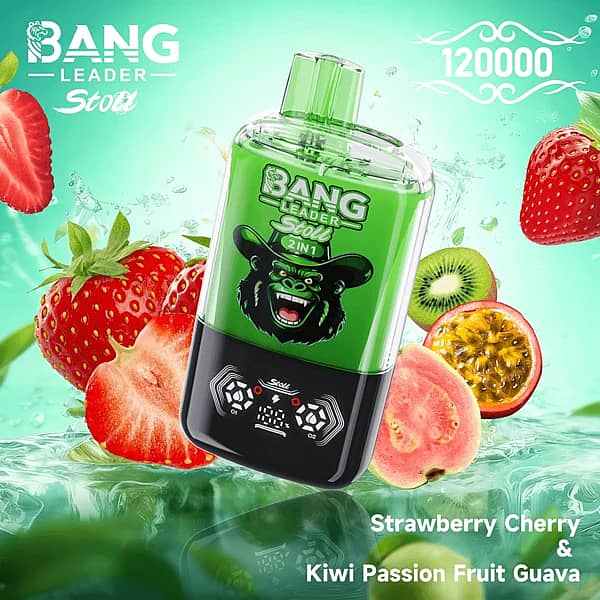 Bang Leader Stoll 120K 2-in-1 disposable vape in Strawberry Cherry & Kiwi Passion Fruit Guava flavor, 120000 puffs, green device with strawberries, kiwi, passion fruit, and guava on a fresh aqua splash background