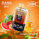 Bang Leader Stoll 120K 2-in-1 disposable vape in Strawberry Watermelon & Orange Soda flavor, 120000 puffs, amber device with strawberry and watermelon slices and orange soda splash on an orange background