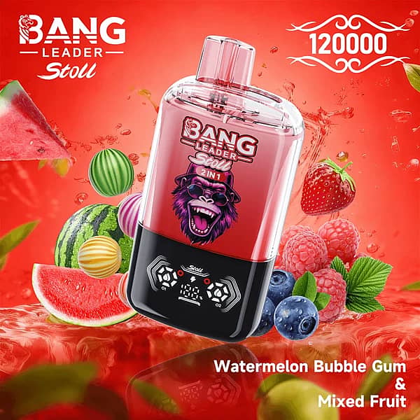 Bang Leader Stoll 120K 2-in-1 disposable vape in Watermelon Bubble Gum & Mixed Fruit flavor, 120000 puffs, red device with watermelon slices, candy, and mixed berries on a red splash background