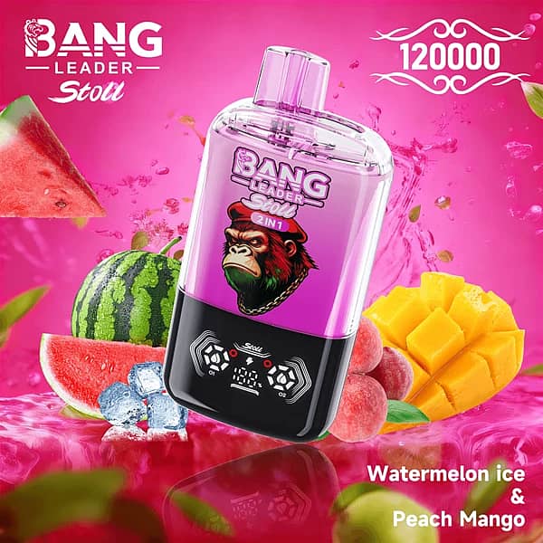 Bang Leader Stoll 120K 2-in-1 disposable vape in Watermelon Ice & Peach Mango flavor, 120000 puffs, pink device with watermelon slices, ice cubes, peach and mango on a pink splash background