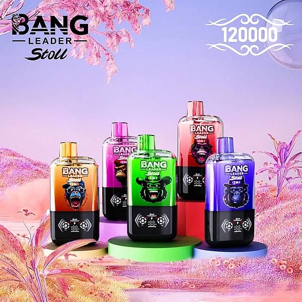 Bang Leader Stoll 120K disposable vape devices lineup with 120000 puffs branding, five color variants on podium display