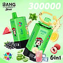 Bang Leader Stoll 300K 6-in-1 disposable vape with multi-flavor selection, featuring a green device design and fruit-inspired flavors