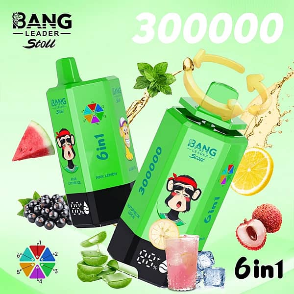 Bang Leader Stoll 300K 6-in-1 disposable vape with multi-flavor selection, featuring a green device design and fruit-inspired flavors