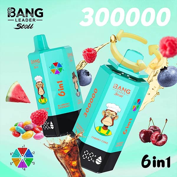 Bang Leader Stoll 300K 6-in-1 disposable vape with multi-flavor selection, featuring a teal device design and fruit/candy-inspired flavors