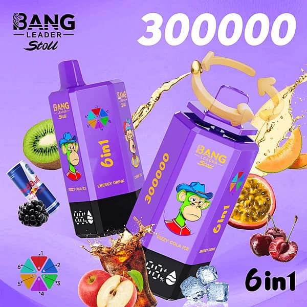 Bang Leader Stoll 300K 6-in-1 disposable vape with multi-flavor selection, featuring a purple device design and mixed fruit drink flavors
