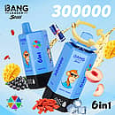 Bang Leader Stoll 300K 6-in-1 disposable vape with multi-flavor selection, featuring a blue device design and energy drink fruit flavors