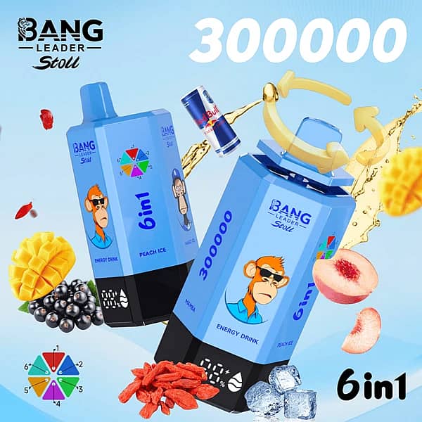 Bang Leader Stoll 300K 6-in-1 disposable vape with multi-flavor selection, featuring a blue device design and energy drink fruit flavors