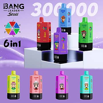 Bang Leader Stoll 300K 6-in-1 disposable vape lineup with multiple flavor options and colorful device designs