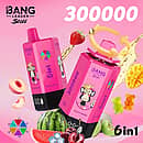 Bang Leader Stoll 300K 6-in-1 disposable vape with multi-flavor selection, featuring a pink device design and fruity candy flavors