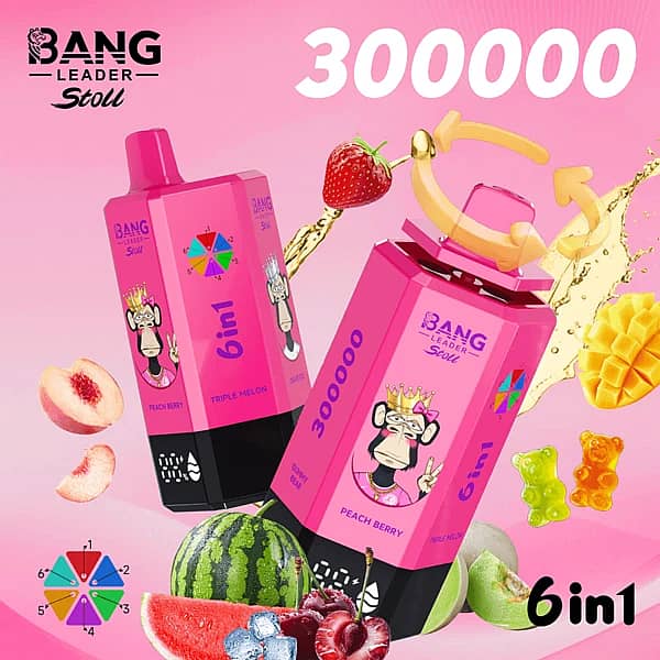 Bang Leader Stoll 300K 6-in-1 disposable vape with multi-flavor selection, featuring a pink device design and fruity candy flavors