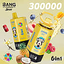 Bang Leader Stoll 300K 6-in-1 disposable vape with multi-flavor selection, featuring a yellow device design and tropical fruit flavors