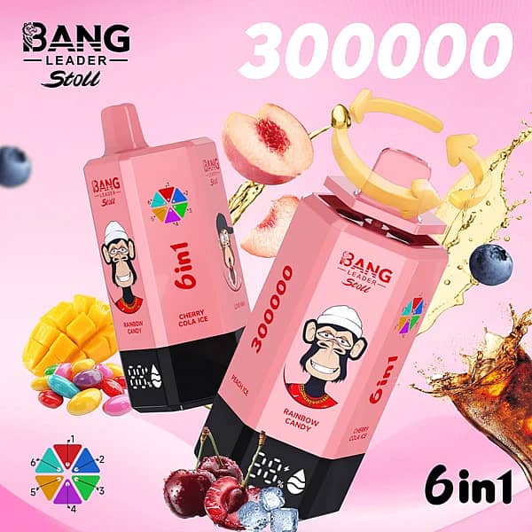 Bang Leader Stoll 300K 6-in-1 disposable vape with multi-flavor selection, featuring a pink device design and candy fruit soda flavors