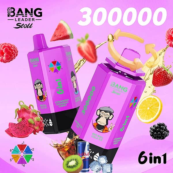 Bang Leader Stoll 300K 6-in-1 disposable vape with multi-flavor selection, featuring a purple device design and mixed fruit citrus flavors