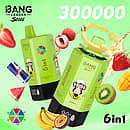 Bang Leader Stoll 300K 6-in-1 disposable vape with multi-flavor selection, featuring a green device design and tropical fruit flavors