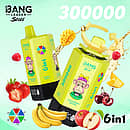 Bang Leader Stoll 300K 6-in-1 disposable vape with multi-flavor selection, featuring a yellow-green device design and fruity flavors